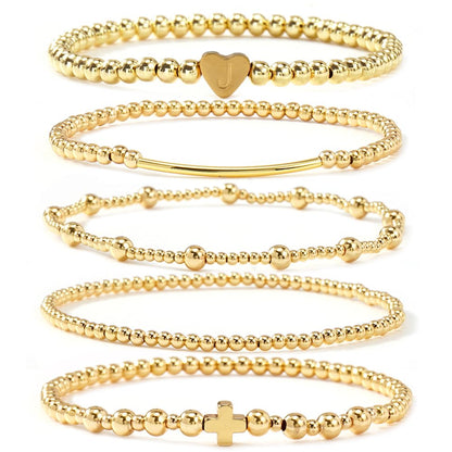 14K Gold Cross Beaded Initial Bracelet Stack for Women,Dainty Stretch Gold Plated Letter “J” Stackable Bracelets Bohemian Layered Prom Party Accessories Jewelry Gift Friendship
