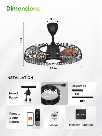 Orison Outdoor Ceiling Fans with Lights for Patio, 24" Weatherproof Ceiling Fan, Gazebo Fan Remote & APP Control, 3CCT Dimmable,Caged Plug in Ceiling Fan with Hanging Hook for Pergola Porch Canopy