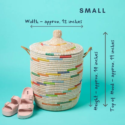 Small Wicker Basket with Lid, Colorful Pattern on White, 12 Inch Wide, 14 Inch Tall