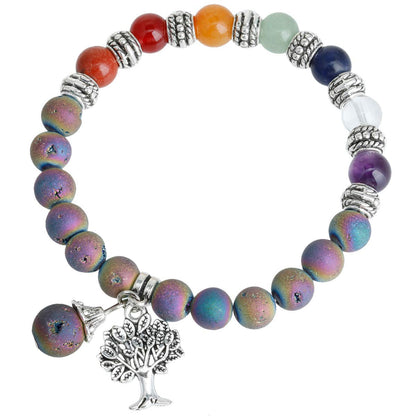 TUMBEELLUWA Beaded Bracelets Semi Precious Stone Yoga Beads Crystals Tree Charm Chakra Bracelet Handmade Jewelry for Women,Rainbow Titanium Coated Druzy(7 Chakra)