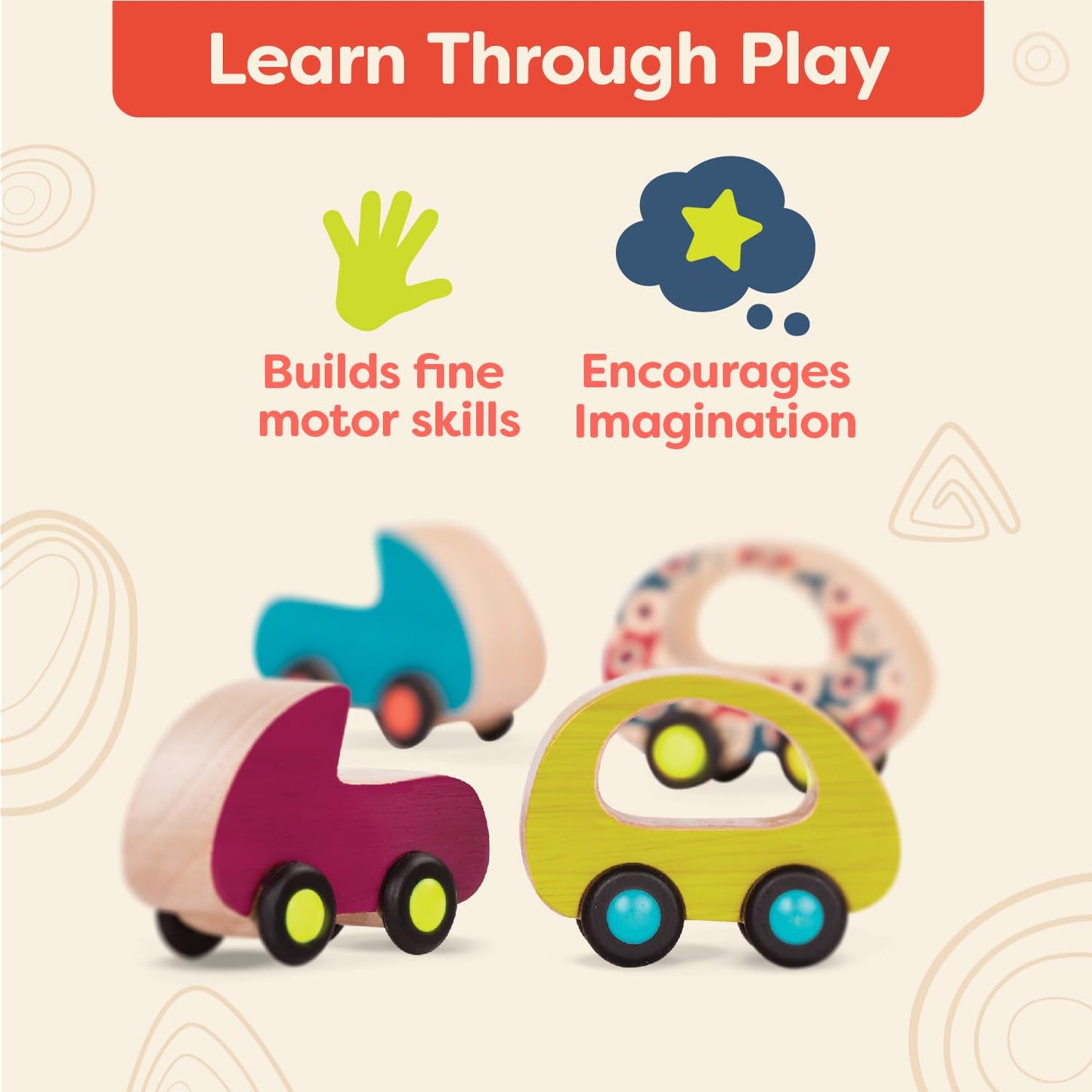 B. toys – Wooden Toy Cars Set with 6 Colorful Vehicles for Kids & Toddlers – Durable Trucks – Easy – Grip Kids Toys for Ages 1+