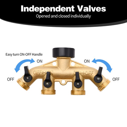 4 Way Hose Splitter with 4Pcs Garden Hose Extension Adapter, Brass Garden Hose Splitter Set, Hose Spigot Adapter with 4 Valves and 12 Rubber Washers & 4 Tapes