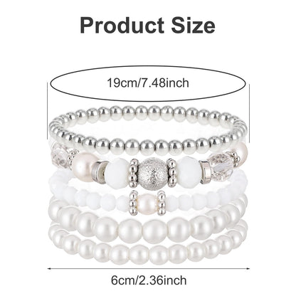 5 Pcs Beaded Stretch Bracelets White Stackable Bracelets Crystal Bead Bracelet Boho Beaded Bracelets Stretch Layering Crystal Stone Beaded Bracelets Trendy Costume Jewelry Gifts for Women
