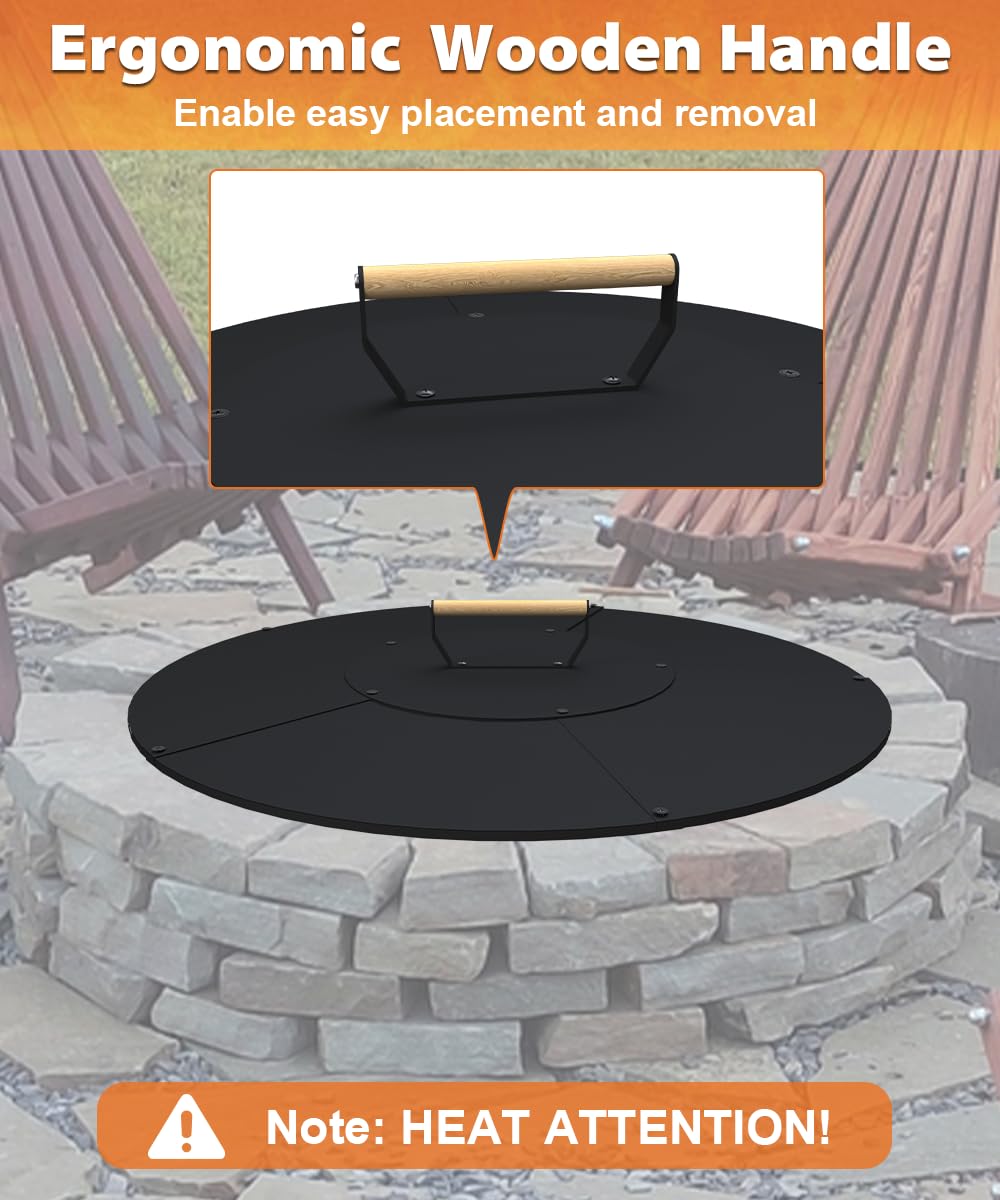 Ardier 28" Wooden-Handle Fire Pit Lid for Pits up to 26", Round Metal Bonfire Pit Burner Pan Cover, Smokeless Fire Pit Cover for Fire Tables, All-Weather Resistance Outdoor Firepit Accessory
