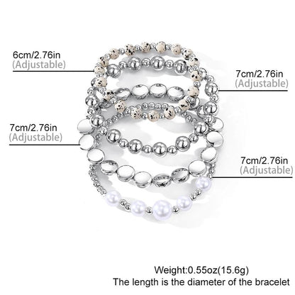 Mexegy Layered Silver Plated Pearl Beaded Stretch Bracelet for Women,Stacked Disc Coin Bead Elastic Bracelets Bohemian Party Holiday Jewelry Accessories Gift(Silver)