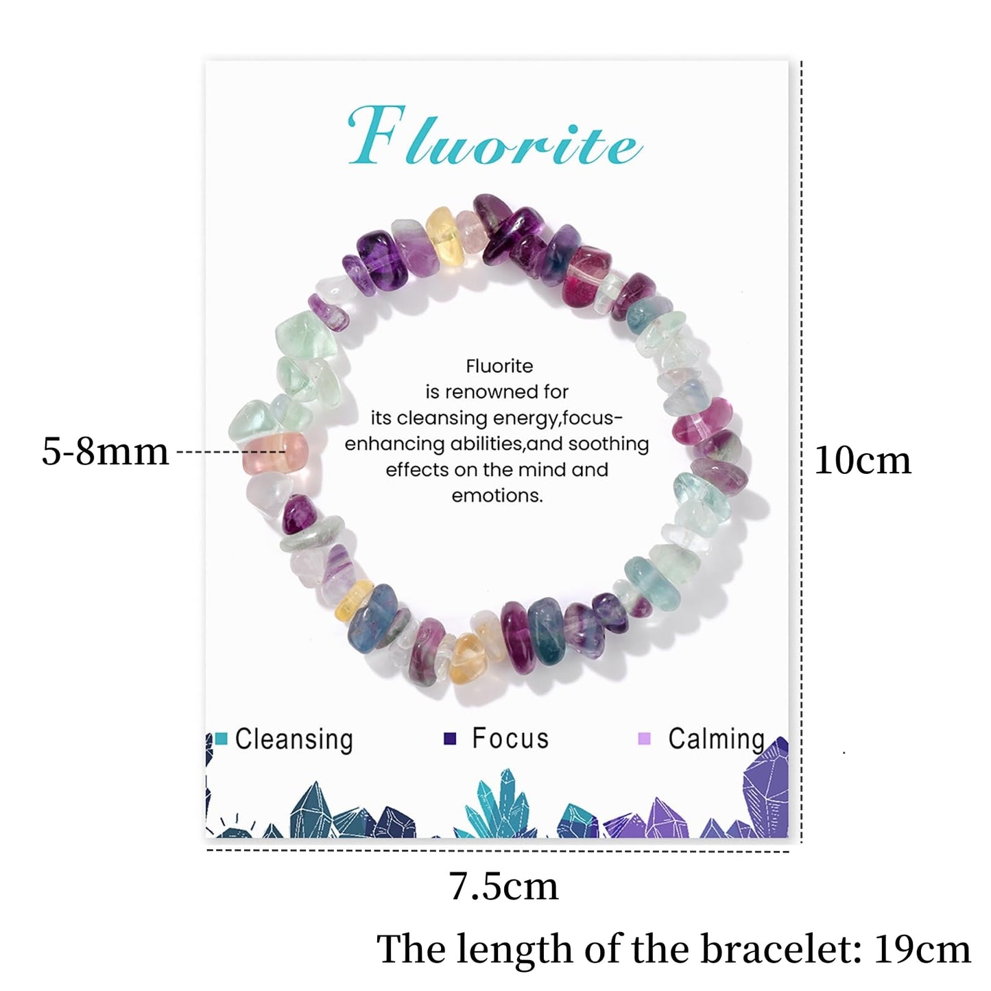 Lit Wall Fluorite Bracelet for Women: 5-8mm Raw Fluorite, Elastic Adjustable Size, Purple, Green, Clear Stones, Stretch Bracelet