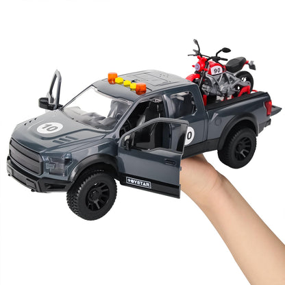 Pickup Truck Toy with Motorcycle, Featuring Lights and Sound Effects,Toy Car with Opening Doors, Toy Cars Gifts for 3+ Year Old Kids(Grey Pickup)