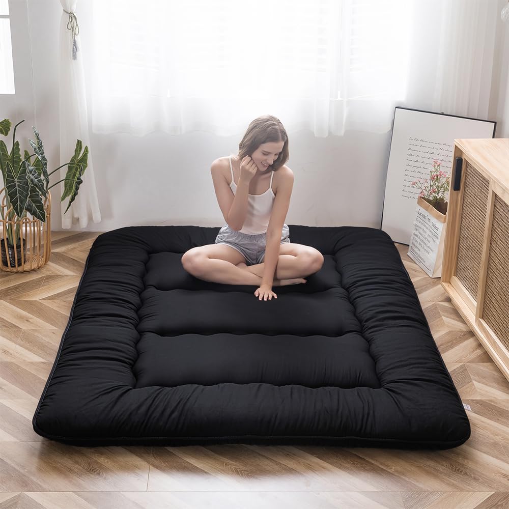 MAXYOYO Japanese Floor Mattress Futon Mattress, 4" Thicken Tatami Mat Sleeping Pad Foldable Roll Up Mat Boys Girls Dormitory Pad Kids Floor Lounger, Black, Full
