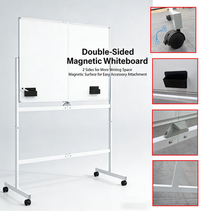 Large Rolling Magnetic Whiteboard on Wheels, 48" x 32" Double-Sided Mobile White Board with Stand, Portable Standing Dry Erase Board Easel with Lockable Wheels for Home Office Classroom School White