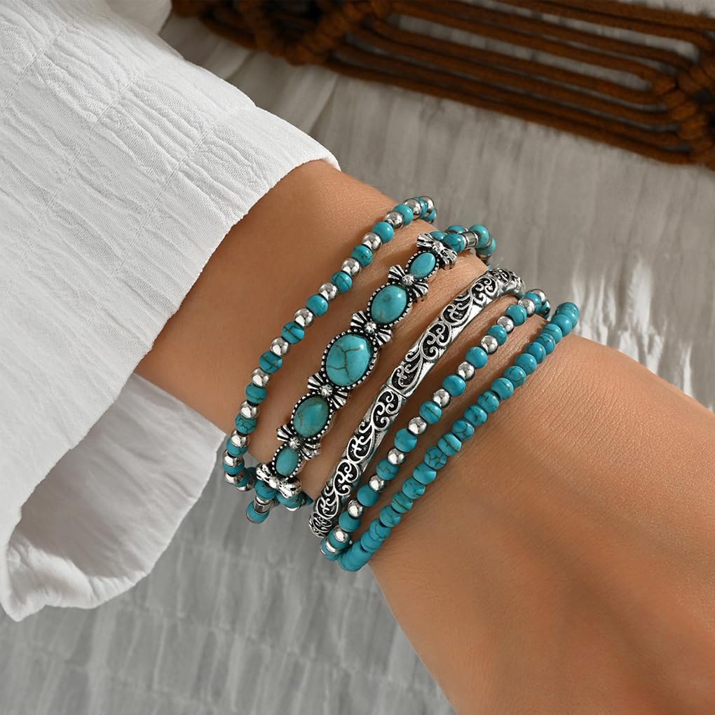 Navirix Western Bracelet for Women,Boho Turquoise Beaded Stackable Elastic Bracelets Set,Vintage Concert Country Cowboy Jewelry Accessories(Oval)