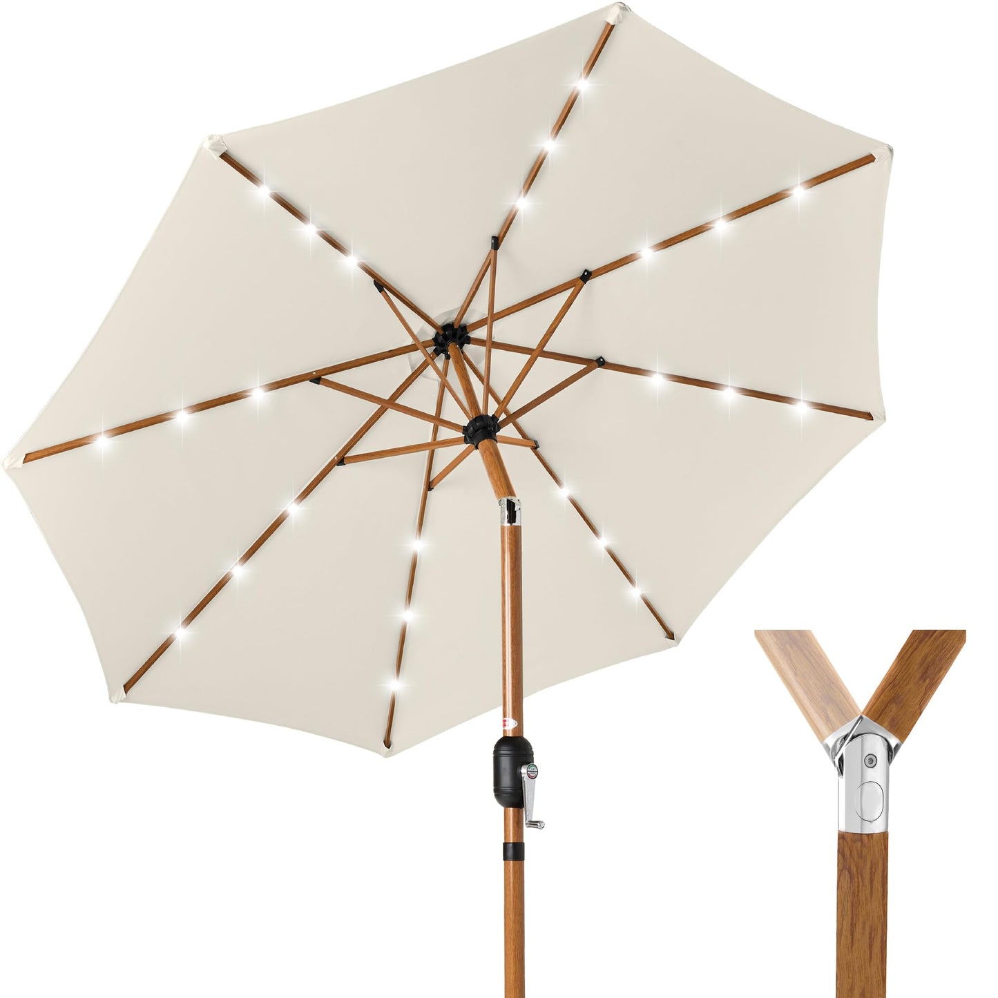 Best Choice Products 10ft Solar Market Patio Umbrella w/Woodgrain Pattern Pole, LED Lights, Tilt & Crank - Outdoor Sun Shade for Backyard Table, Deck, Poolside - Ivory