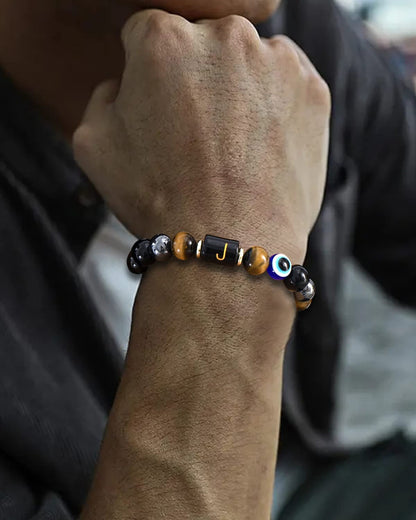 Dayka Initial Triple Protection Bracelet for Men,Black Evil Eye Tiger Eye Hematite Obsidian Good Luck Healing Crystal Stones Mens Bead Bracelet Jewelry Gift (F initial bracelet, Triple Protection)