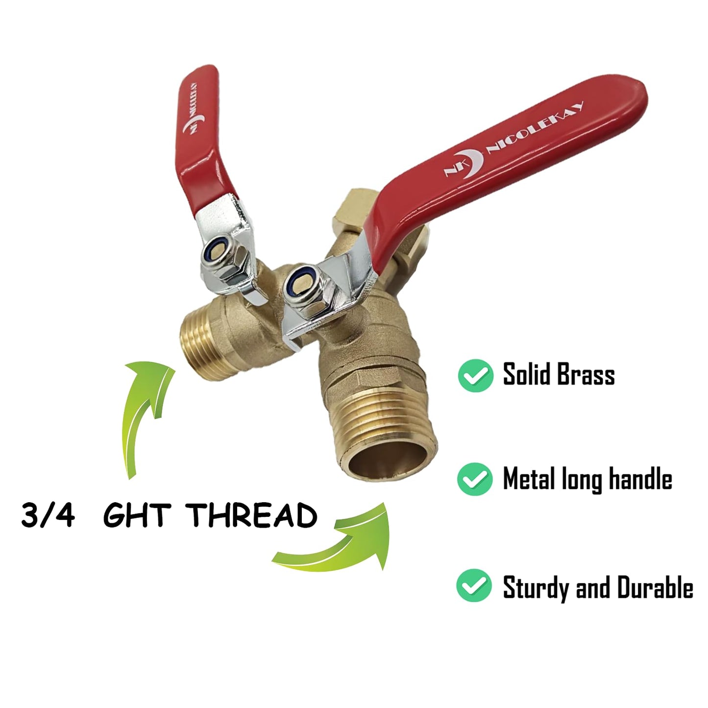 NICOLEKAY Brass Garden Hose Splitter 2 Way Heavy Duty with 304 Stainless Steel Long Handle, Outdoor Full Flow Hose Bib Splitter Connector, Y Valve 3/4 Inch GHT Thread (RED)