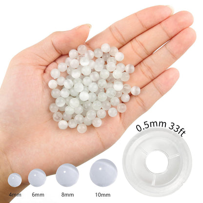 NITOPUPU 100Pcs 8mm Natural Smooth White Cat Eye Beads Round Loose Gemstone Stone Beads for Jewerly Making with Crystal Stretch Cord