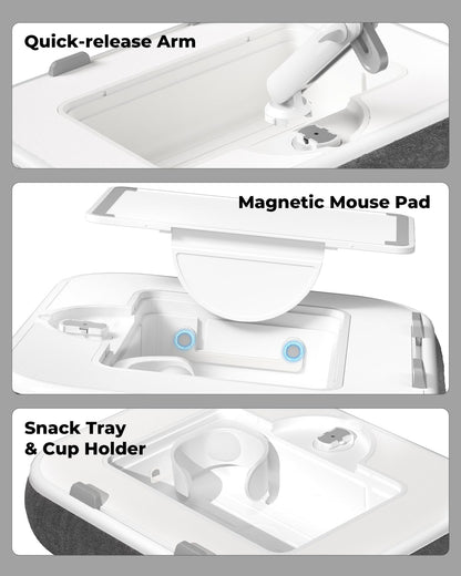 SupeDesk Laptop Lap Desk, Adjustable iPad Holder for Bed, 360° Swivel Tablet Arm, Laptop Desk with Mouse Pad, Snack Bowl & Cup Holder, Fits 4.7–13” Tablets & 15” Laptop