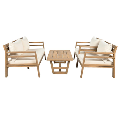 Christopher Knight Home Jamaia 4 Pieces Acacia Furniture Set, Patio Conversation Chat 2-Seat Sofa Set with Coffee Table, Outdoor Loveseat Chair Set for Garden Porch Backyard Balcony, Light Teak+Beige