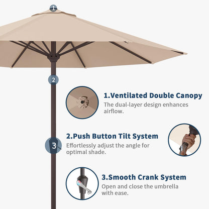 Patio Kingdom 9FT Patio Umbrella with Fiberglass Ribs, Outdoor Market Table Umbrella with Crank and Tilt, UV Resistant Waterproof Canopy for Patio, Garden, Deck, Pool, Beige