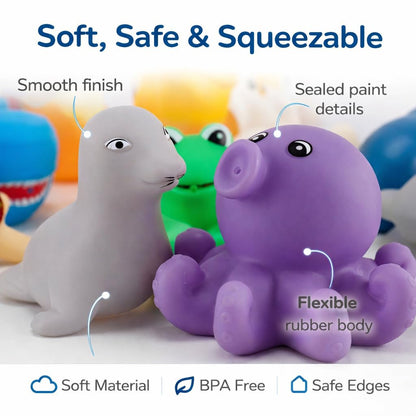 15 PCS Ocean Animals Rubber Bath Toy Water Squirters with Floating Bathtub Squeeze and Play Soft Sea Creatures anf Fishing Net for Baby, Toddlers and Kids