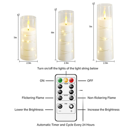 Nimiko Flickering Flameless LED Candles, 9 Pcs with Embedded Star String, Acrylic LED Pillar Candles with Remote, Suitable for Home Decoration (White)