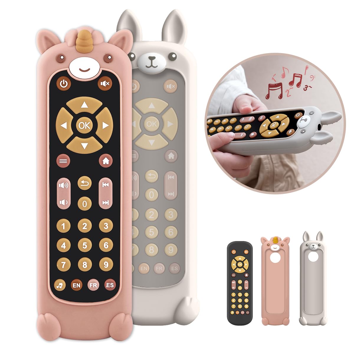 Nueplay Pretend Remote Control Toy for Toddlers with Light and Music-Includes 2 Washable Silicone Covers,Trilingual Number Learning in English,Spanish and French,Gifts for 1 Year Old Girls