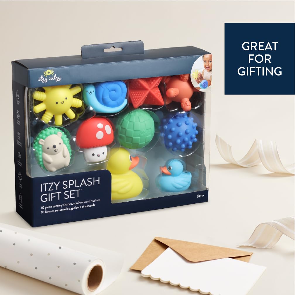 Itzy Ritzy 10-Piece Water Bath Toys Gift Set – Soft, Squeezable Multicolor Sensory Toy Set for Motor Skills, Imaginative Play, and Fun Bathtime Activities