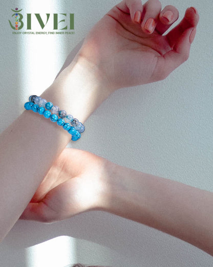 Bivei Natural Gemstone Semi Precious Crystals Handmade Stretchy Round Beads Bracelet, Stocking Stuffers for Women(Blue Dragon Vein Agate & Turquoise (Strength & Protection) Medium)