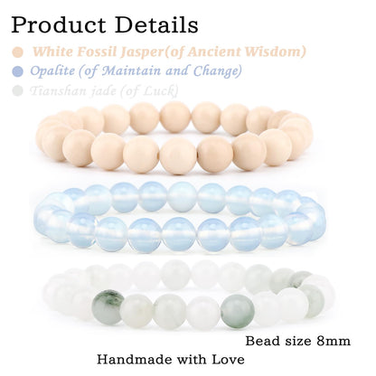 NCB 3-Piece 8mm Natural Crystal Gemstone Stretch Bracelets – ﻿Opalite, Tianshan Jade, White Fossil Jasper Handmade Reiki Energy Healing Jewelry for Meditation,Yoga, Unisex
