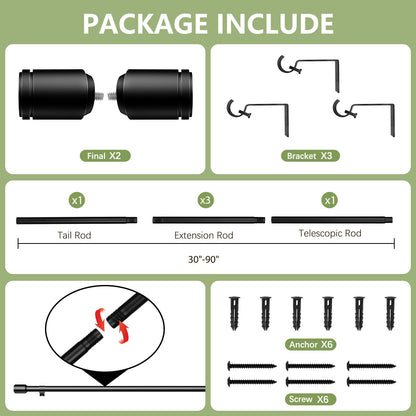 5/8” Diameter Curtain Rods 30-90 Inch, for 30-84 Inch Windows, Adjustable Splicing Black Curtain Rods for Windows with Brackets, Window Rod Long Small Curtains Rod