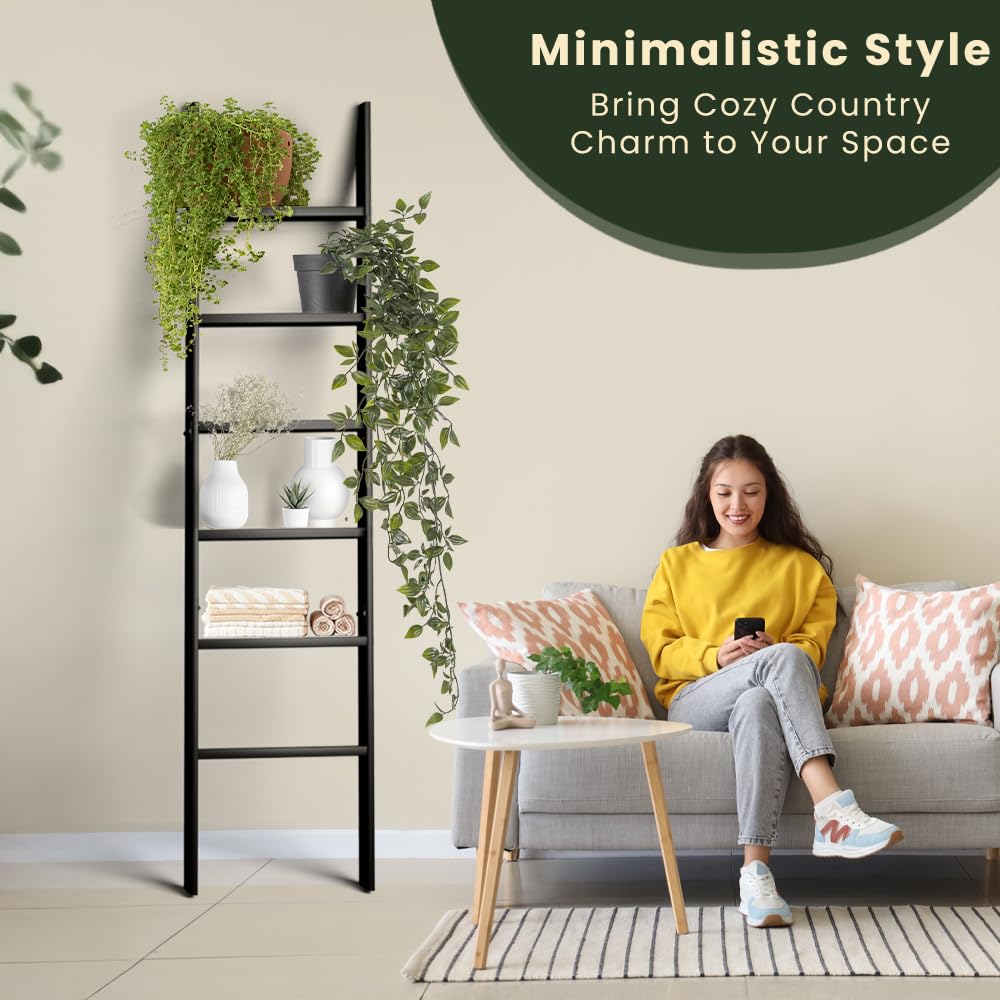 Decorative Wooden Blanket Ladder for the Living Room and Bedroom, 5ft 8 inch, Pine Wood Quilt Ladder, 6-Tier Wall Leaning Blanket Rack Stand, Farmhouse blanket ladder for Home Décor N Display. (Black)