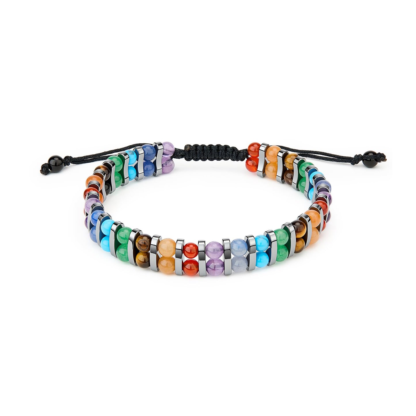 Double Row 7 Chakra Gems (Amethyst/Tiger Eye/Obsidian) Hematite Energy Art Jewelry, 3-in-1 Triple Protection Bracelet for Chakra Balance, Spiritual Men & Women, Reiki Healing Gift (Chakra Stones)