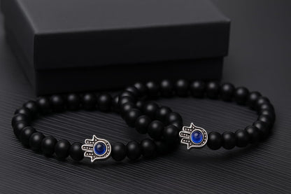 Jendfert Obsidian Energy Beaded Bracelet, Black Tourmaline Beads, Feng Shui Chakra Healing Double Guardian Bracelet, 8mm Black Onyx Beads, Personalized Gift for Men and Women（2 PSC Evil Eye）