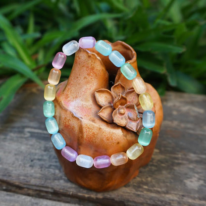 TaHLga Natural Rainbow Selenite Crystal Bracelet | Plated 6x9mm Cylinder Beads | Authentic Stone with Leather Pouch, Gift Box & Repair Kit | Fits about 7 inch Wrist