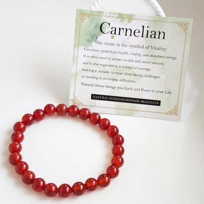 Handmade Natural Gemstone Elastic Bracelet - Healing Crystal Beads Jewelry, Unisex (Carnelian, 8mm)