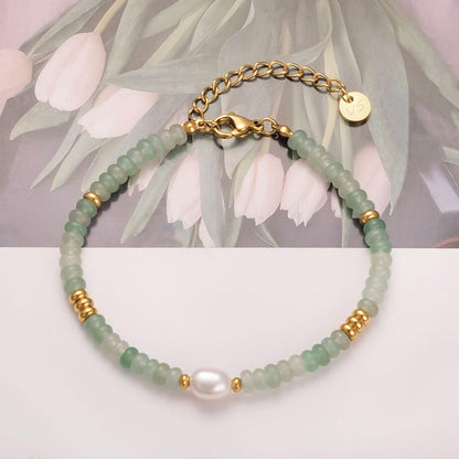 vissen Green Natural Stone Bracelet for Women with White Pearl Gold Plated Beaded Adjustable Dainty Jewellery
