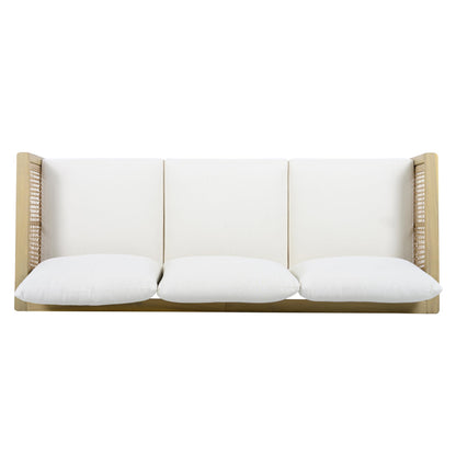 Christopher Knight Home Teras Acacia Wood Outdoor 3 Seater Sofa with PE Wicker Armrest, Solid Wood Patio Sofa with Removable Cushion, Comfy Lounge Sofa for Patio Furniture Set, Light Teak+Beige