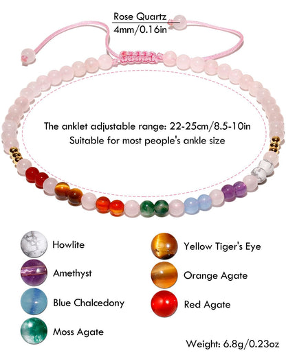 Wizock Reiki 7 Chakra Beaded Anklet Meditation Yoga Colorful Ankle Bracelets for Women Balance Beach Foot Jewelry Adjustable (Rose Quartz)