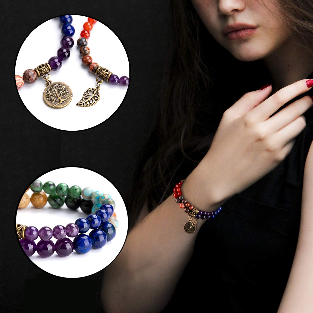 Bivei Beaded Bracelets Tree of Life and Leaf Charm Yoga Meditatoin Healing Crystal Chakras Bracelets Natural Semi Precious Gemstone Beads Stretch Bracelet for Women Anxiety Energy Relief(7 Chakra)