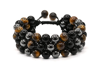 Amazing Gemstone Triple Protection Bracelet - Hematite Black Obsidian Tiger Eye Bracelet Set for Men Women Healing Calming Anxiety Stress Relief Gifts Stocking Stuffer (Adjustable, 3 Layer)