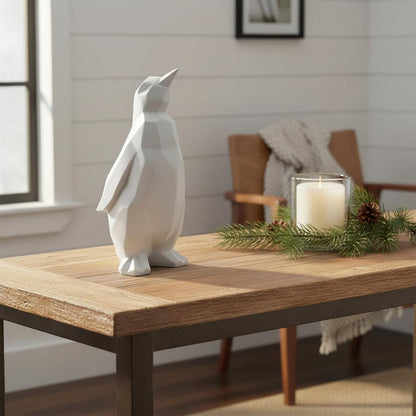 Comfy Hour 7" Modern Penguin Figurine, Scandinavian Animal Decor, Minimalist Geometric Statue for Home Office, White Polyresin Artisan Crafted Sculpture, 1 Unit
