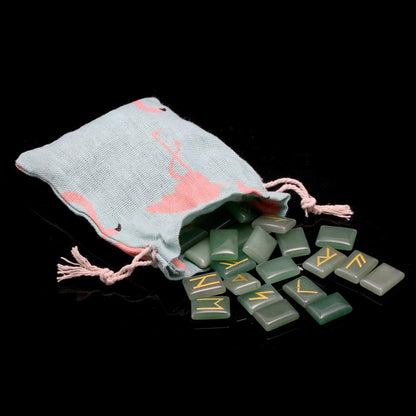 Zotoone Rune Stones Set with Engraved Elder Futhark Alphabet Natural Runes Stones Crystal Meditation Divination Healing Chakra Reiki Green Aventurine (1 Flax Cloth Bag)