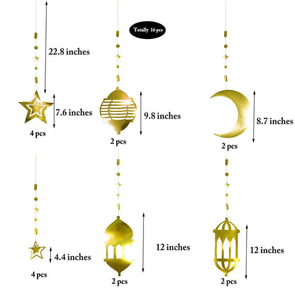 Cheerland Ramadan Decorations Gold Star Moon Lantern Garland Pre-Assembled Shining Hanging Ramadan Mubarak Eid Decorations Banner Streamer for Eid Mubarak Decor Home Party Supplies 16 Pcs
