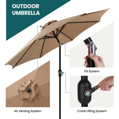 OLIXIS 9ft Patio Umbrella with Tilt and Crank Button & 8 Sturdy Ribs Waterproof, Patio Table Umbrella Perfect for Poolside, Terrace, Beach and Outdoor Restaurant, Brown