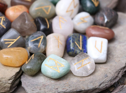 Crocon Mix Chakra Rune Tumble Shape Gemstone Rune with Elder Futhark Alphabet Engraved | 25 pcs Runes Set | Crystal Divination Healing Chakra Reiki | with a Pouch| Size : 25-30 mm
