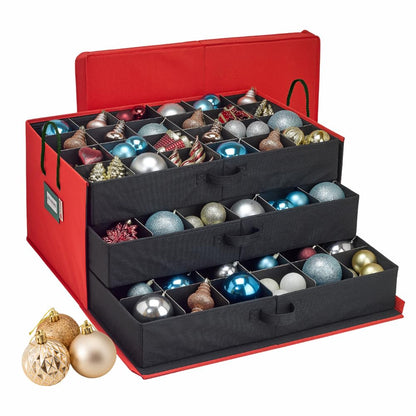 HOLDN’ STORAGE Christmas Ornament Storage Box with Dividers, Holds Up to 72 Ornaments (4 Inches), Large Organizer with 3 Stackable Trays - Red