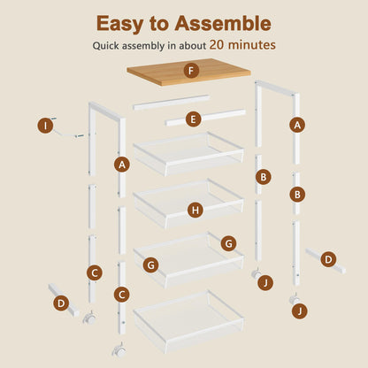 Hoctieon Rolling Storage Cart, 5-Tier 11.8" Wide Rolling Kitchen Storage Cart, Utility Cart with Handle & Wheels, Mobile Shelving Unit, Metal Frame Narrow Cart for Home Kitchen, Laundry, Oak Beige