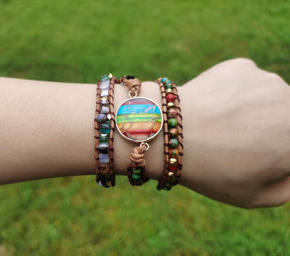 ZOSOJONA Women Wrap Bracelet Boho Natural Jasper Crystal Stone Beads Strand Bracelets (Colored Agate)