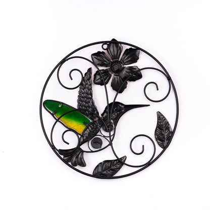 Jusimux Round Flower Wall Art Decor, 2 Pack, Metal and Glass, 9.5 Inch, Outdoor Hanging Decor for Patio, Bedroom, Garden (Hummingbird)