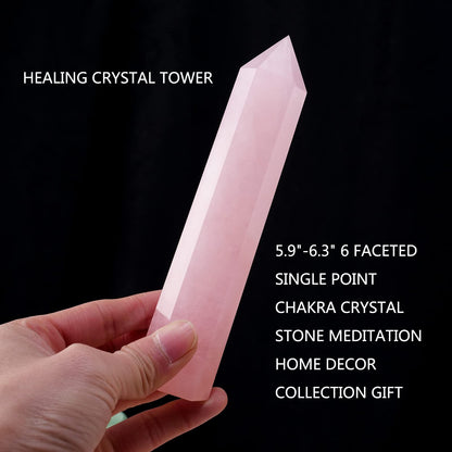 Apengshi Large Rose Quartz Natural Healing Crystal Tower 5.9"-6.3" 6 Faceted Single Point Love Energy Charger Crystal Wand Stone Meditation Home Decor Collection Gift