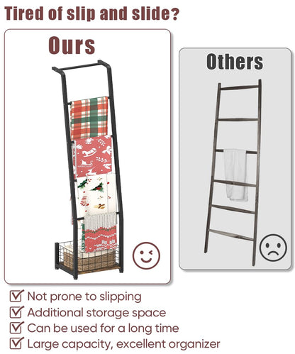 Ansionsol 6.3ft Blanket Ladder with Storage Basket, 5 Tier Decorative Ladder Shelf Stand for Living Room & Bedroom, Wall-Leaning Blanket Holder Quilt Rack for Home Décor, Rustic Brown & Black