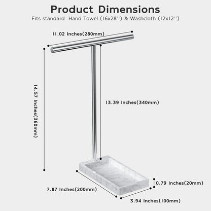 Volnamal Hand Towel Holder, 2 in 1 T-Shape Hand Towel Stand for Bathroom with Marble Base Tray, Hand Towel Rack Standing for Vanity Kitchen Countertop, Stainless Steel (Brushed)